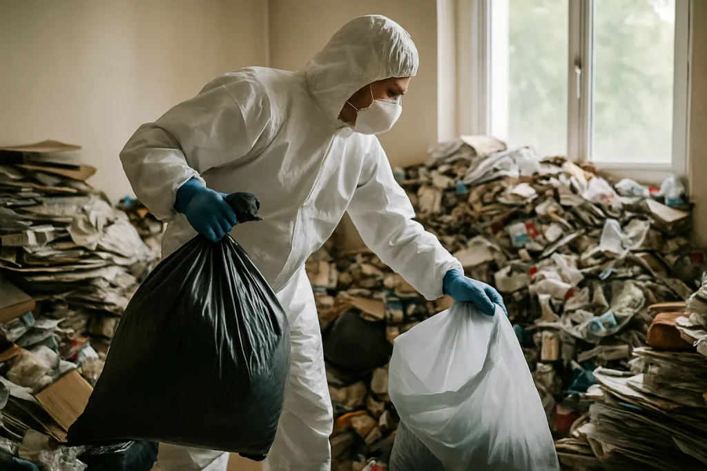 Une équipe professionnelle nettoie un appartement encombré à Torcy, montrant des efforts de désencombrement.