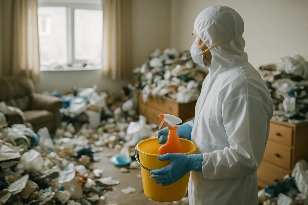 Appartement en désordre à Montmorot avec déchets et meubles anciens.