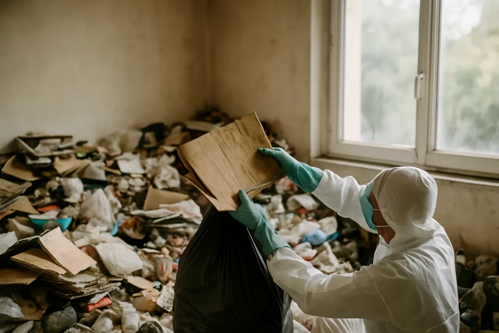 Un appartement en désordre à Dirinon, avec des objets et déchets accumulés.