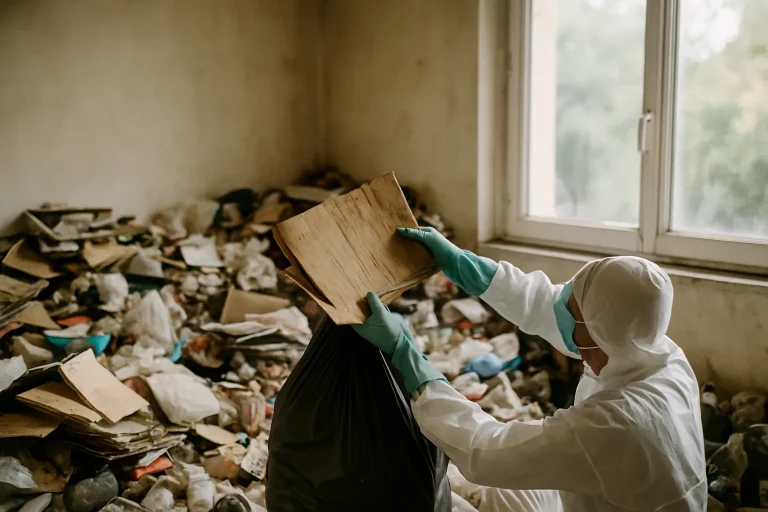 Un appartement en désordre à Dirinon, avec des objets et déchets accumulés.
