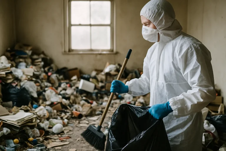 Intérieur d'un appartement à Tremblay-Les-Villages avec des déchets et du désordre après syndrome de Diogène.