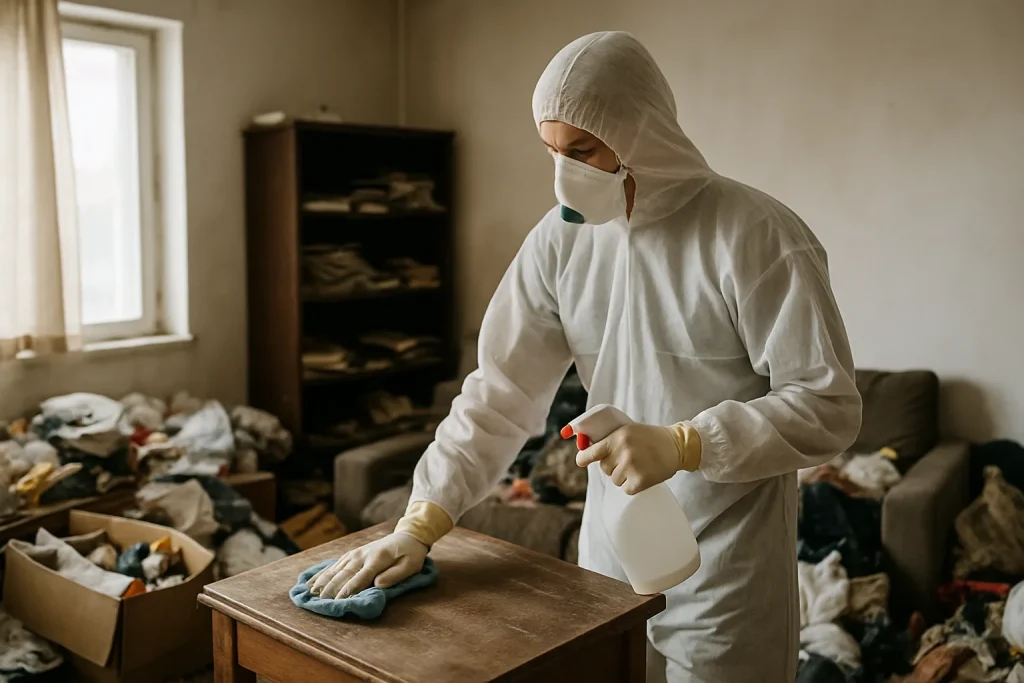 Un expert en nettoyage examine un appartement en désordre à Chalamont, avec des objets éparpillés.