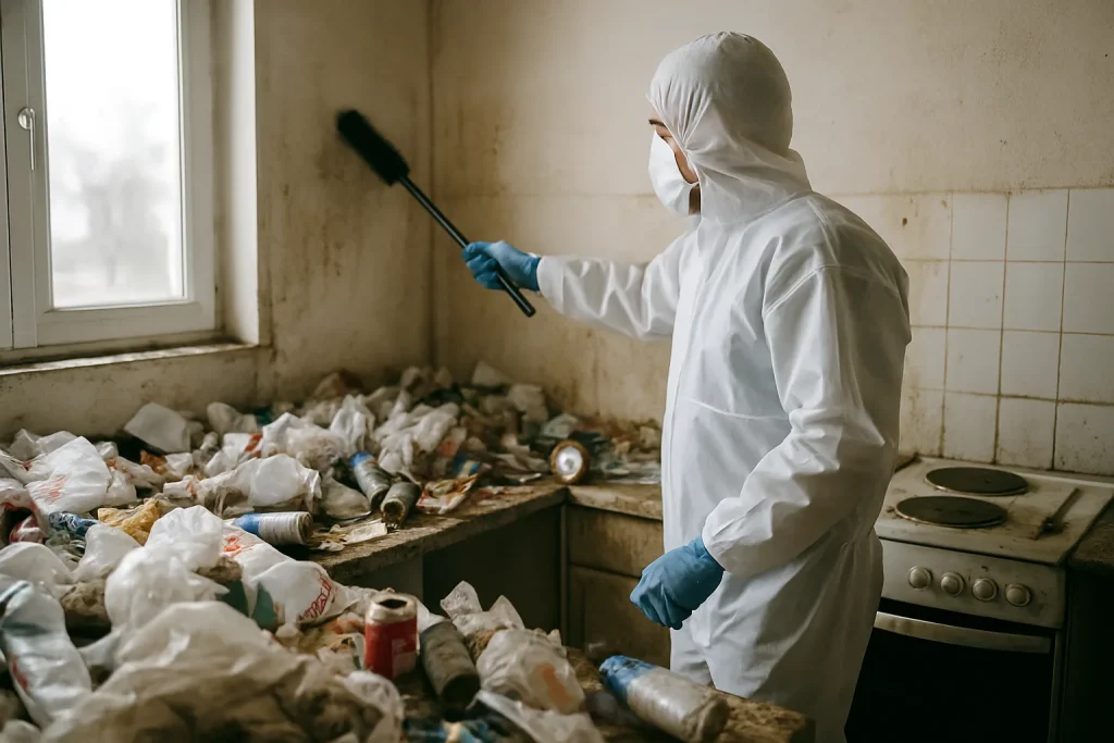 Intérieur d'un appartement en désordre après syndrome de Diogène à Ouroux-Sur-Saone.