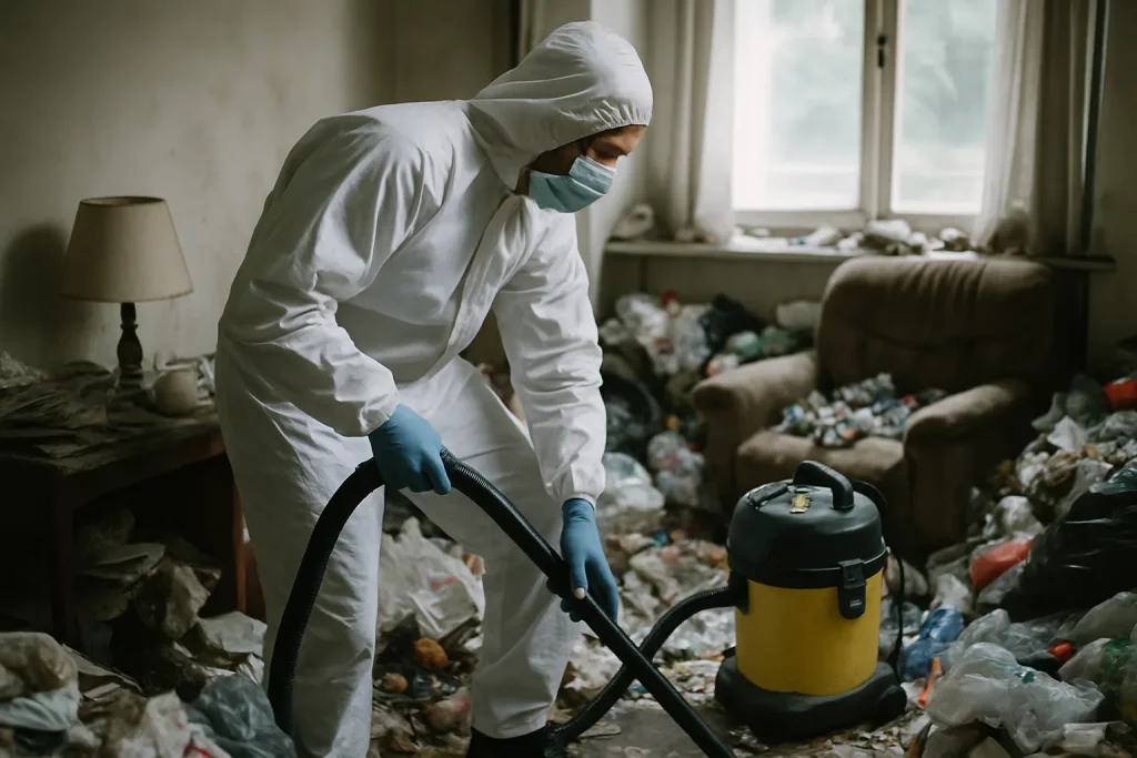 Appartement à Arzon en désordre avant le nettoyage après syndrome de Diogène.
