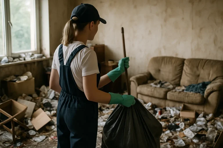 Un professionnel nettoie un appartement en désordre à Ergue-Gaberic, illustrant le nettoyage après syndrome de Diogène.