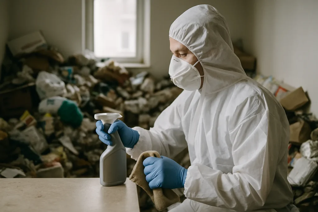 Agents de nettoyage en train de désencombrer un appartement à Tigy après syndrome de Diogène.