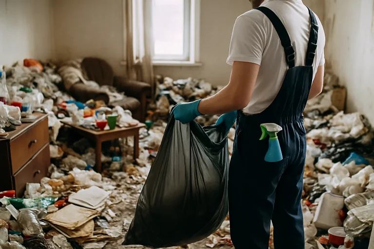 Une pièce en désordre avec des déchets et objets accumulés, illustrant le syndrome de Diogène.