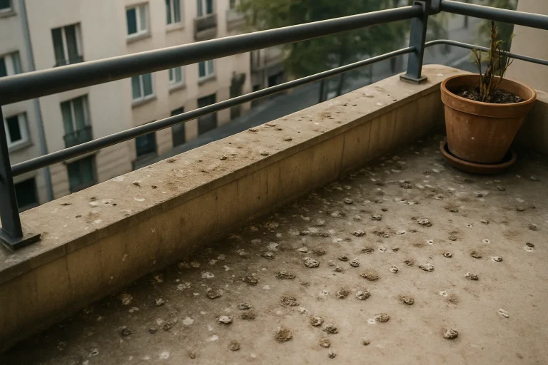 Vue plongeante d'un balcon avec des fientes de pigeon visibles sur le sol.