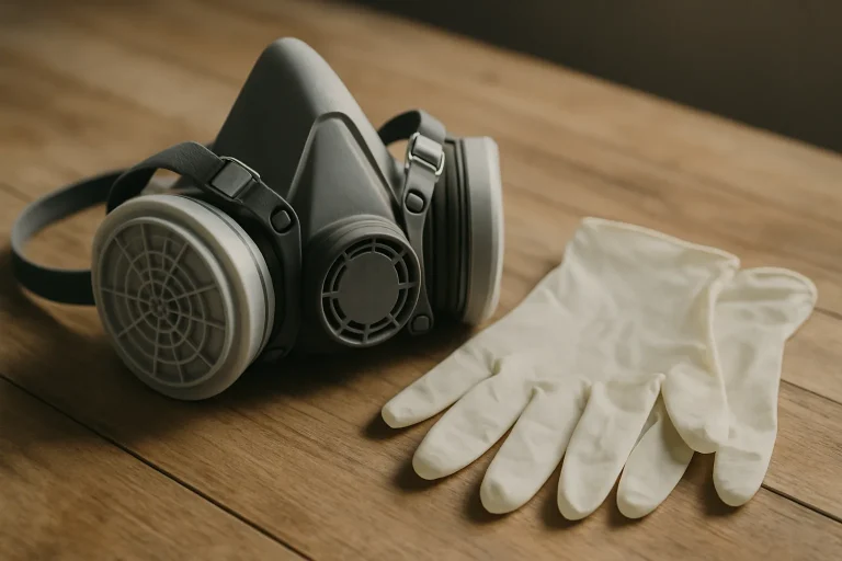 Un masque respiratoire et des gants de protection posés sur une table en bois, éclairage naturel.