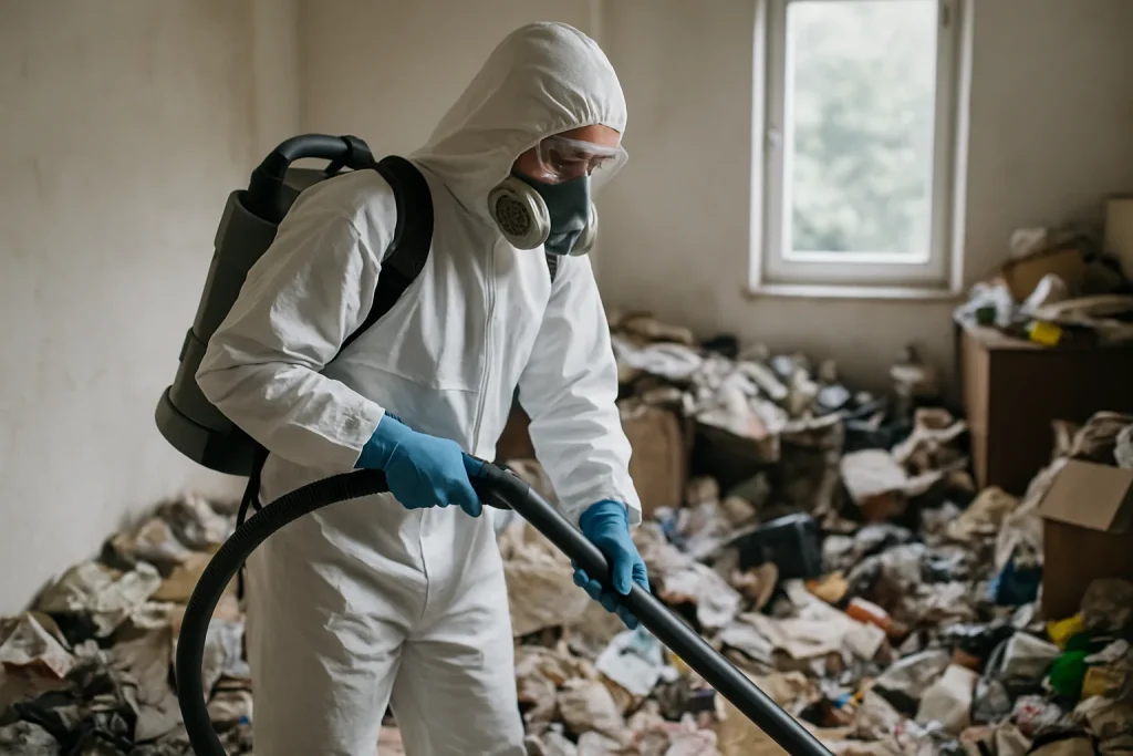 Intérieur d'un appartement en désordre à Saint-Just-Chaleyssin, avec des déchets et objets éparpillés.