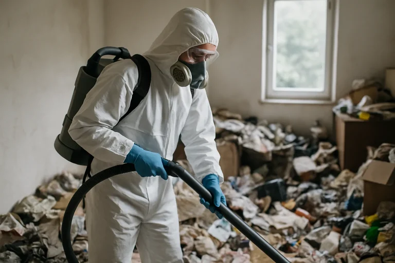 Intérieur d'un appartement en désordre à Saint-Just-Chaleyssin, avec des déchets et objets éparpillés.