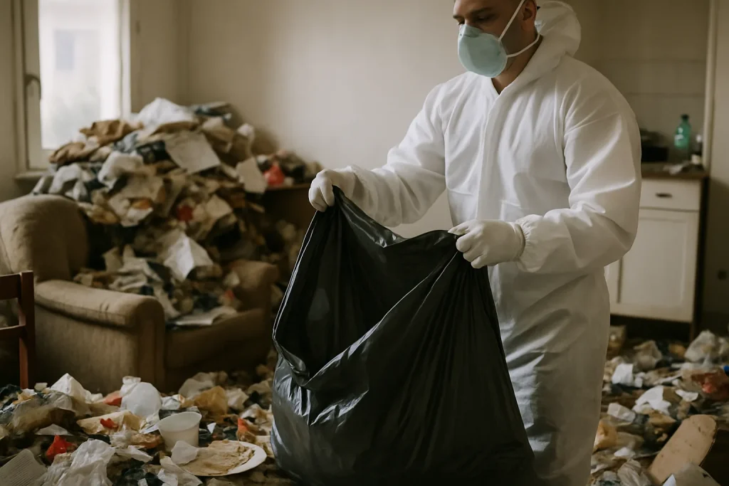 Travailleurs nettoyant un appartement en désordre à Pleurtuit, Bretagne.