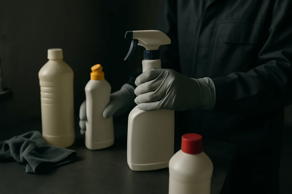 Mains gantées utilisant des produits de nettoyage dans une pièce sombre.