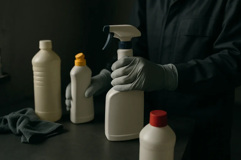 Mains gantées utilisant des produits de nettoyage dans une pièce sombre.
