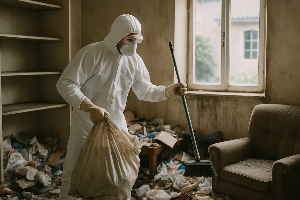 Équipe de nettoyage au travail dans un appartement encombré à Chateauneuf-Du-Rhone.