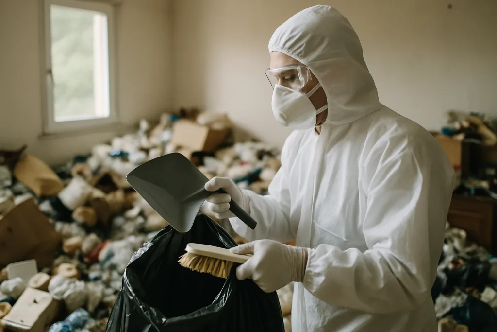 Appartement en désordre à Saint-Maurice-De-Lignon, montrant des déchets et des objets accumulés.
