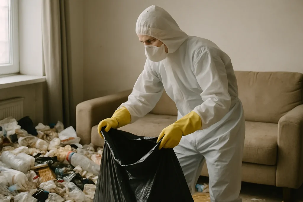 Des agents de nettoyage s'affairent dans un appartement en désordre à Saint-Marcel-Les-Valence.
