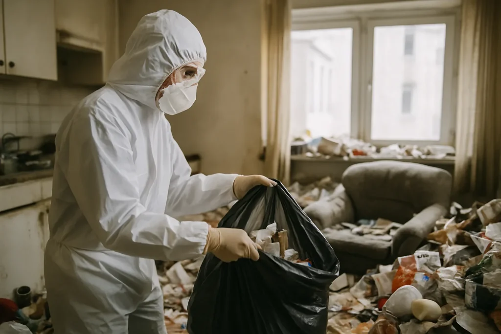 Agents de nettoyage dans un appartement de Roche-Lez-Beaupre, s'attaquant à un environnement chaotique.