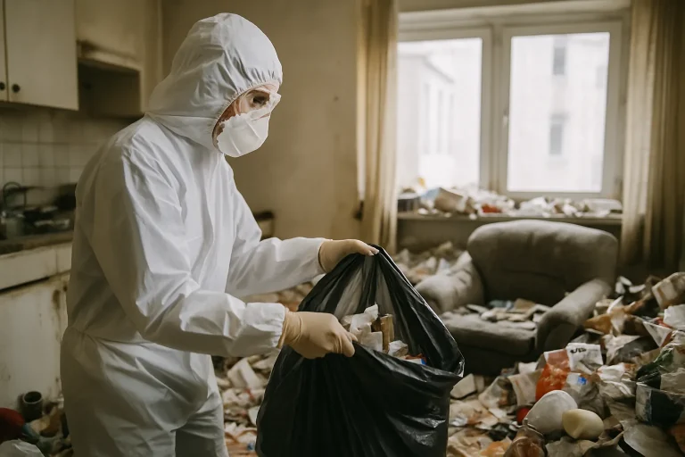 Agents de nettoyage dans un appartement de Roche-Lez-Beaupre, s'attaquant à un environnement chaotique.