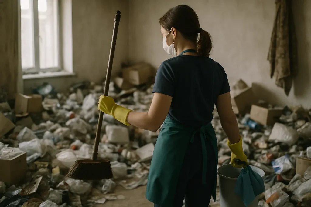 Intérieur d'un appartement en désordre avec déchets et objets éparpillés.