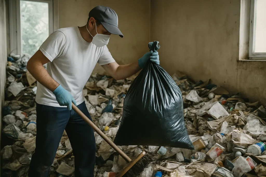 Intérieur d'un appartement à Le Coudray, en désordre avec de nombreux objets et déchets.
