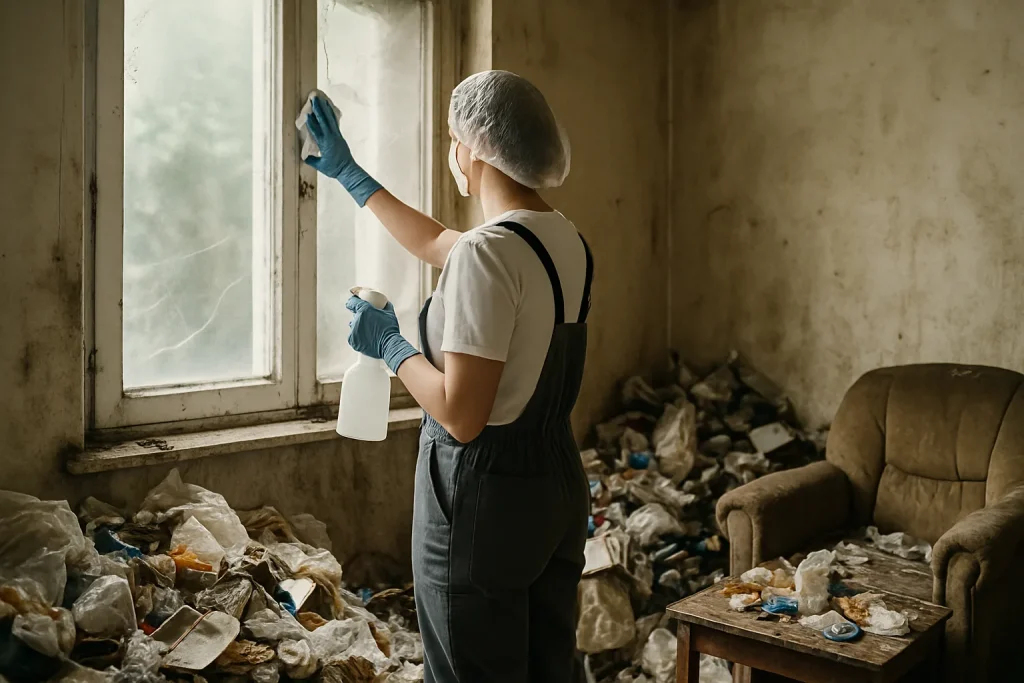 Intérieur d'une maison à Chateaulin, en désordre, nécessitant un nettoyage après syndrome de Diogène.