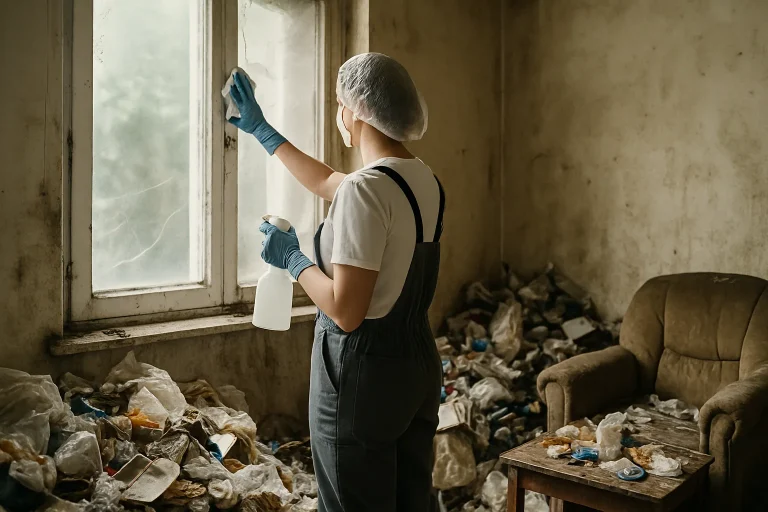 Intérieur d'une maison à Chateaulin, en désordre, nécessitant un nettoyage après syndrome de Diogène.