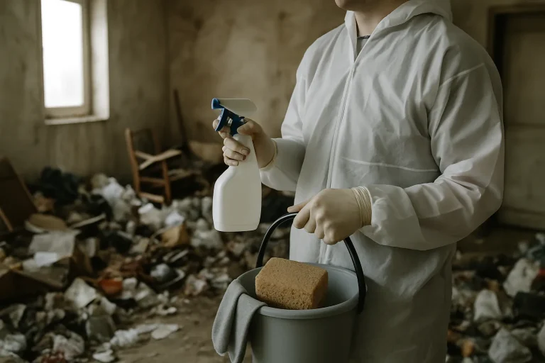 Équipe de nettoyage en train de désencombrer un appartement à Dole après syndrome de Diogène.