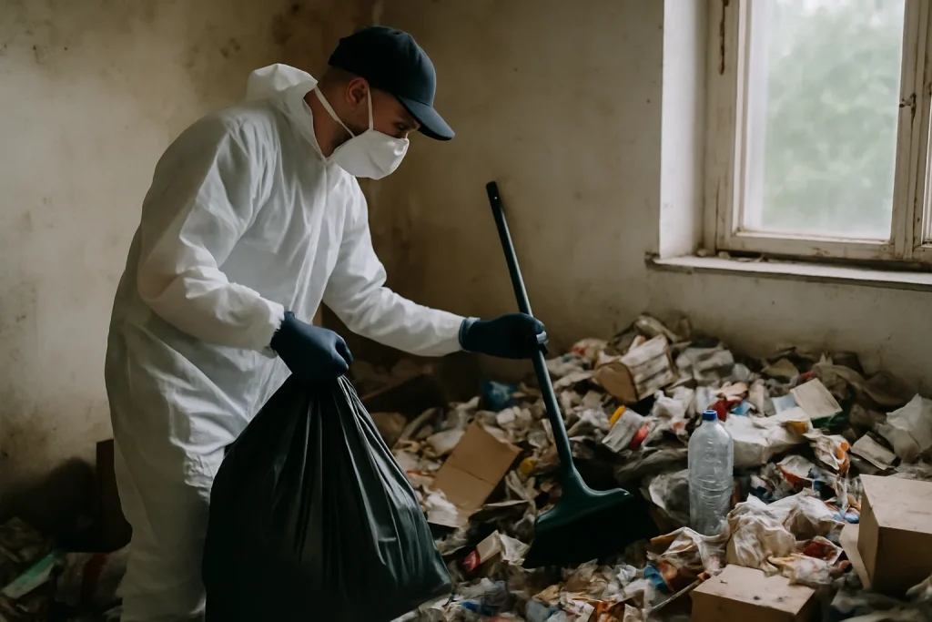 Appartement en désordre à Plougoumelen avec déchets et objets éparpillés.