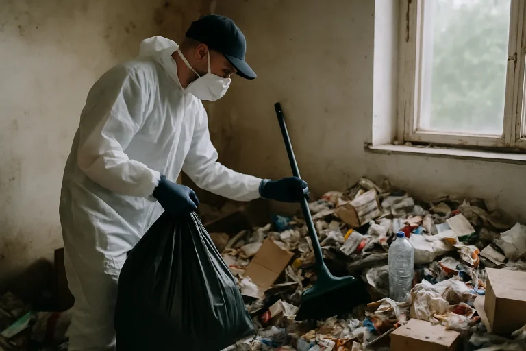 Appartement en désordre à Plougoumelen avec déchets et objets éparpillés.