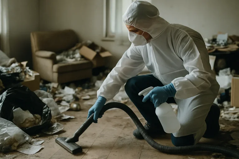 Équipe de nettoyage s'occupant d'un appartement en désordre à Sandillon.