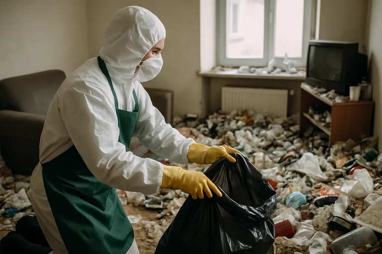 Un nettoyeur triant des objets dans un appartement encombré à Sancoins.