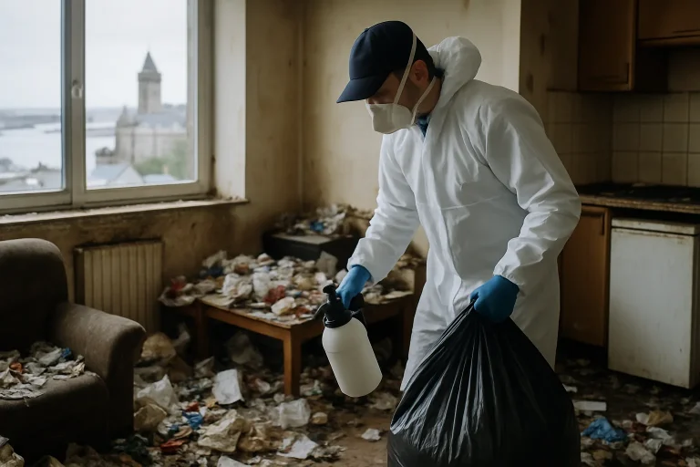 Équipe de nettoyage à Roscoff travaillant dans un appartement en désordre.