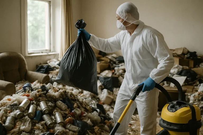 Équipe de nettoyage dans un appartement à Saint-Florent-Sur-Cher avec des objets en désordre.