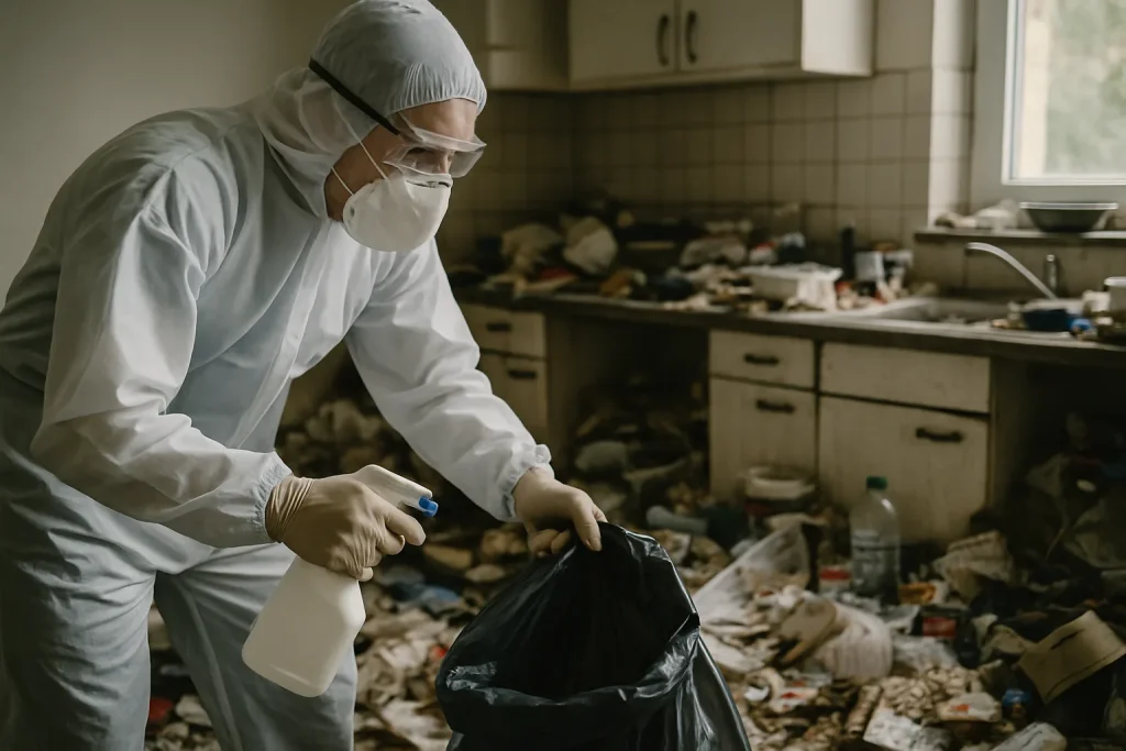 Un appartement en désordre à Viry avec des objets entassés et de la poussière.