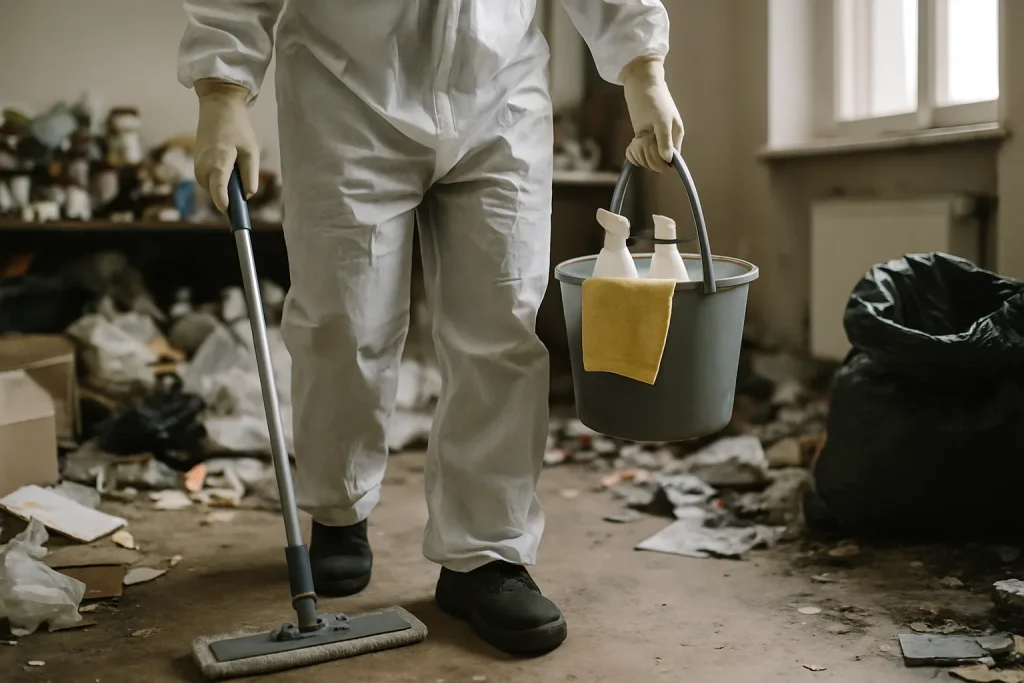 Un appartement en désordre à Barby, illustrant la situation avant le nettoyage.