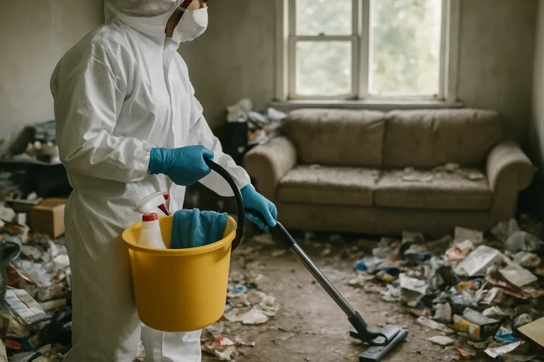Équipe de nettoyage dans un appartement en désordre à Genlis avec des déchets éparpillés.