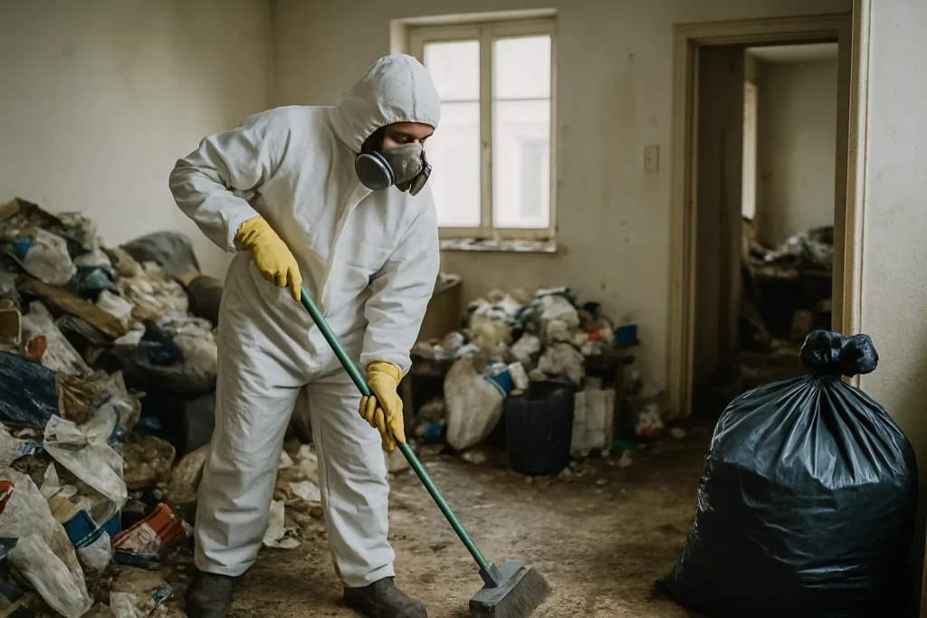 Un technicien nettoie un appartement en désordre avec des déchets éparpillés.
