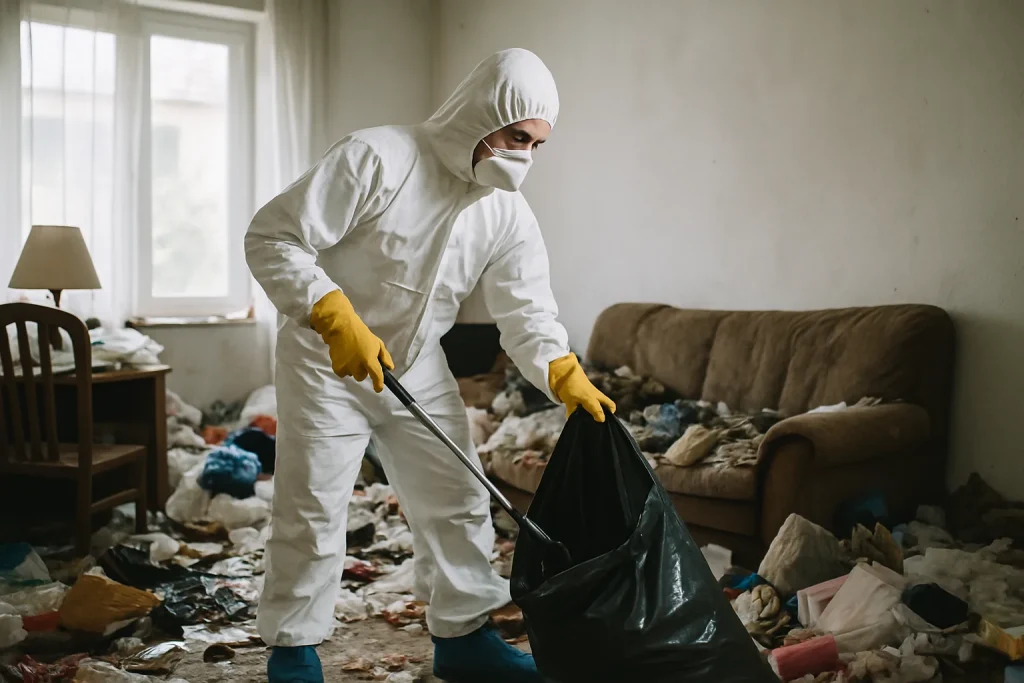 Un appartement à Pleneuf-Val-Andre avec des objets en désordre, illustrant un besoin de nettoyage après syndrome de Diogène.