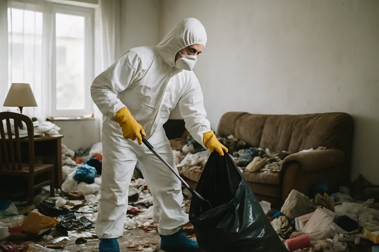 Un appartement à Pleneuf-Val-Andre avec des objets en désordre, illustrant un besoin de nettoyage après syndrome de Diogène.