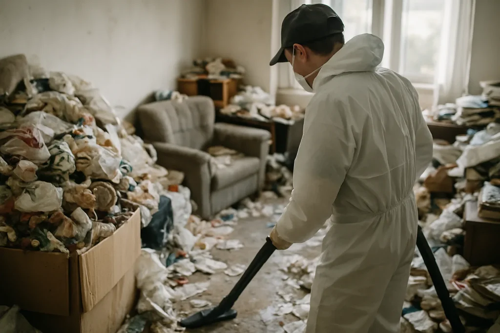 Un appartement en désordre à Montbazon, montrant des objets éparpillés et de la poussière.