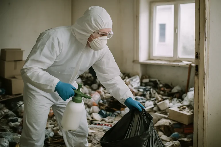 Intérieur d'un appartement à Plouharnel avec des objets et déchets en désordre.
