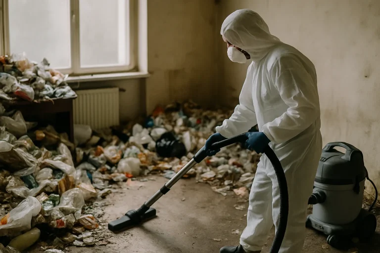 Intérieur d'une maison à Plourivo montrant le désordre avant le nettoyage après syndrome de Diogène.