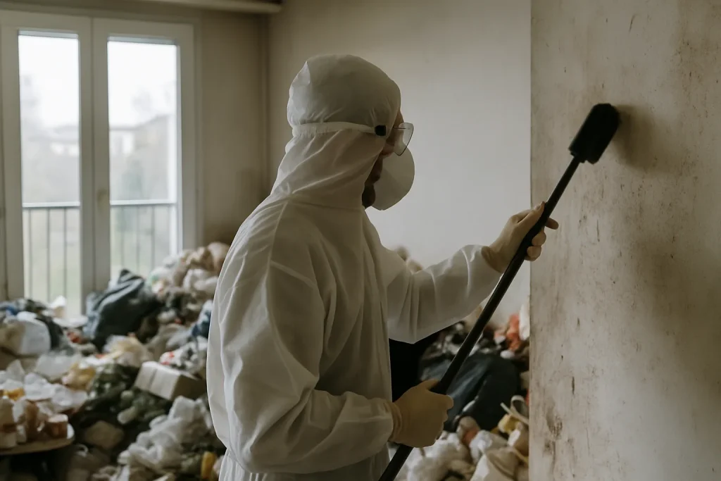 Appartement en désordre à Annecy avec des déchets au sol, représentant un cas de syndrome de Diogène.