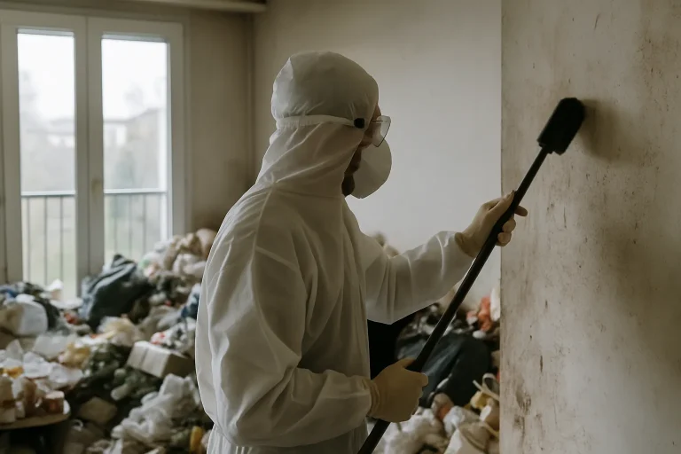 Appartement en désordre à Annecy avec des déchets au sol, représentant un cas de syndrome de Diogène.