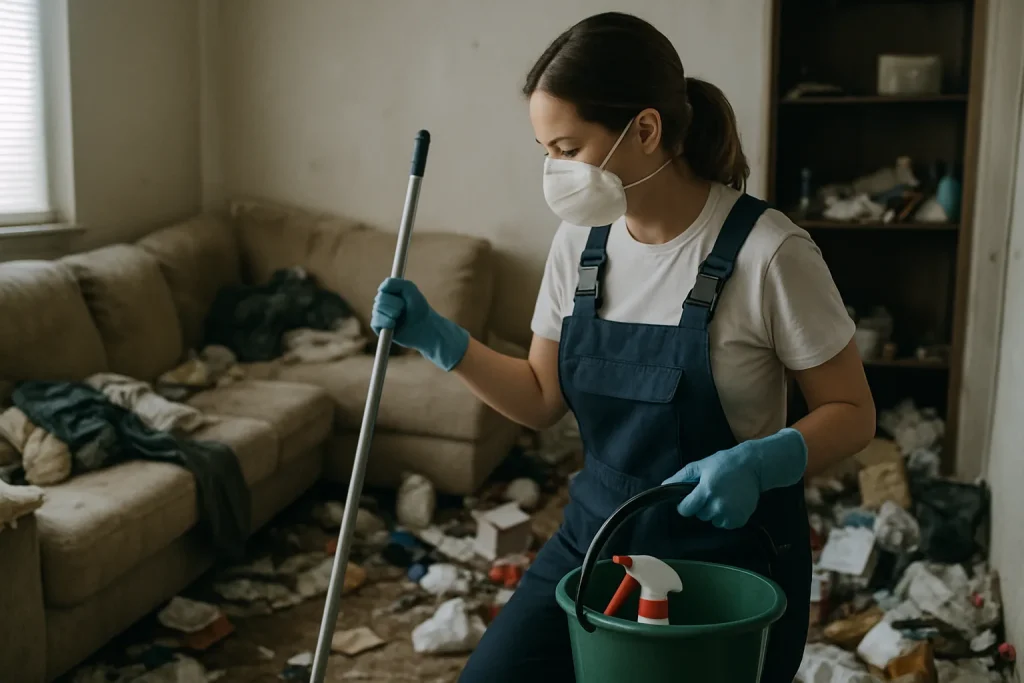 Un appartement à Aoste en désordre, rempli d'objets inutilisés, avant le nettoyage.