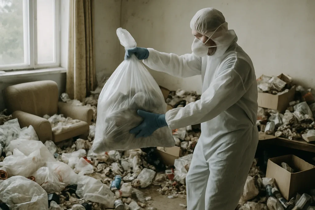 Équipe de nettoyage s'attaquant à un appartement insalubre à Balan, déchets visibles.