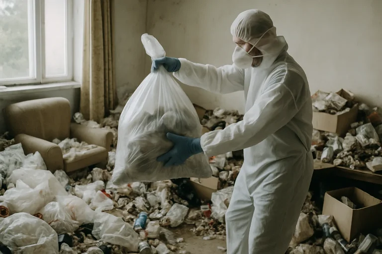 Équipe de nettoyage s'attaquant à un appartement insalubre à Balan, déchets visibles.