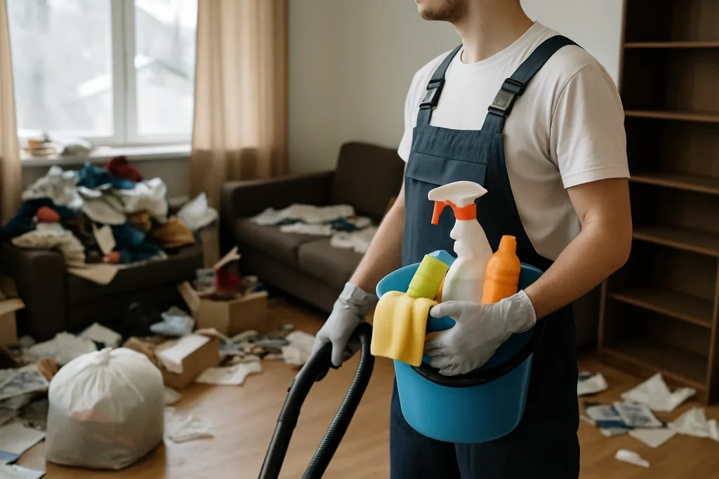 Intérieur d'un appartement à Les-Houches en désordre, montrant le besoin d'un nettoyage après diogène.