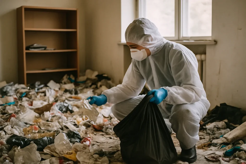 Appartement en désordre avec des objets entassés nécessitant un nettoyage approfondi.